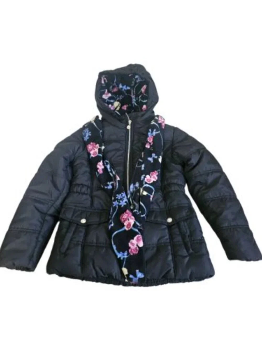 Girls R1881 S Rothschild Black Floral Puffer Jacket Coat Med 10/12 Hooded Scarf